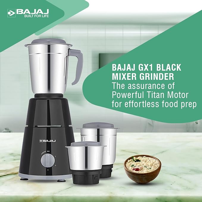 Bajaj GX-1 Mixer Grinder 500W| 2-In-1 For Dry Grinding | Blade Function With Titan Motor | 3 Stainless Steel Mixer Jars