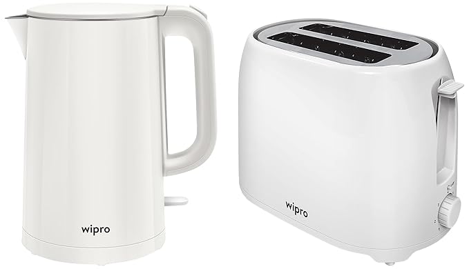 Wipro Elato BK 210 Cool Touch 1.8 L Electric Kettle,1000 Watts, White + Wipro Vesta Slice Pop up Toaster
